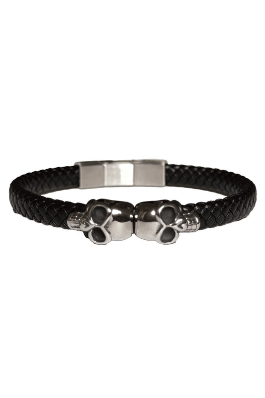 Chrome Skulls Braided Leather Bracelet w/0.5" Extender