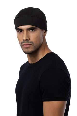 Solid Black Skull Cap Winter Weight (w/Hidden Elastic Band)