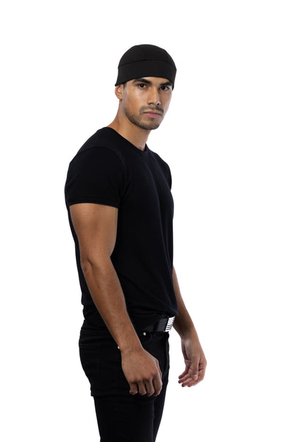 Solid Black Skull Cap Winter Weight (w/Hidden Elastic Band)