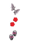 Set #4: Clear Crystal Chrome Butterfly, Red Acrylic Rose Studs, Chrome Skulls