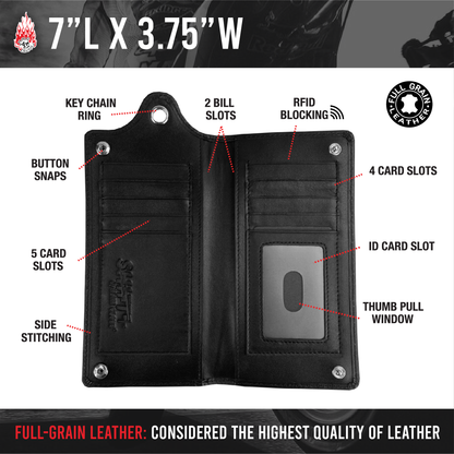 7"L x 3.75"W Wallet Full-Grain Leather Solid Black