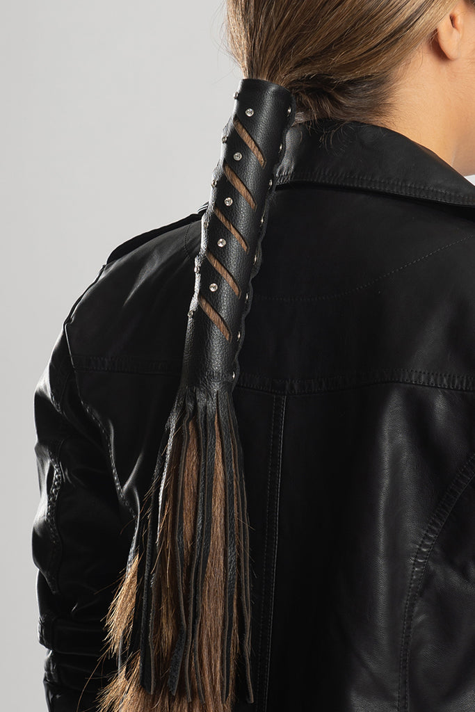 LEATHER WRAP CUT OUTS & FRINGE HAIR GLOVE
