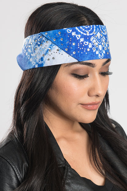 Blue Tie Dye Paisley w/Gems Pre-Sewn Bandana Headband