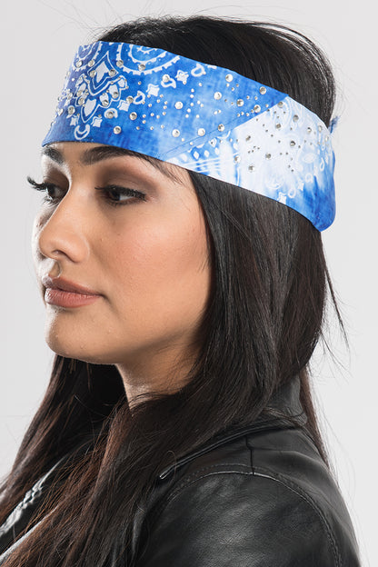 Blue Tie Dye Paisley w/Gems Pre-Sewn Bandana Headband