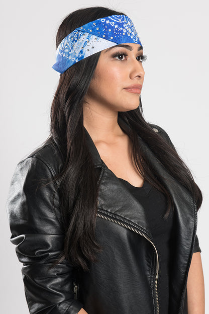 Blue Tie Dye Paisley w/Gems Pre-Sewn Bandana Headband