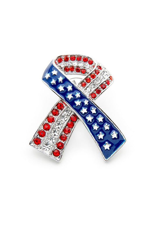 Red White & Blue Ribbon w/Gems Pin
