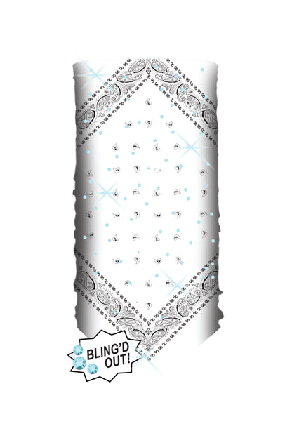 White Bandana w/Teal Gems Bandana Tube