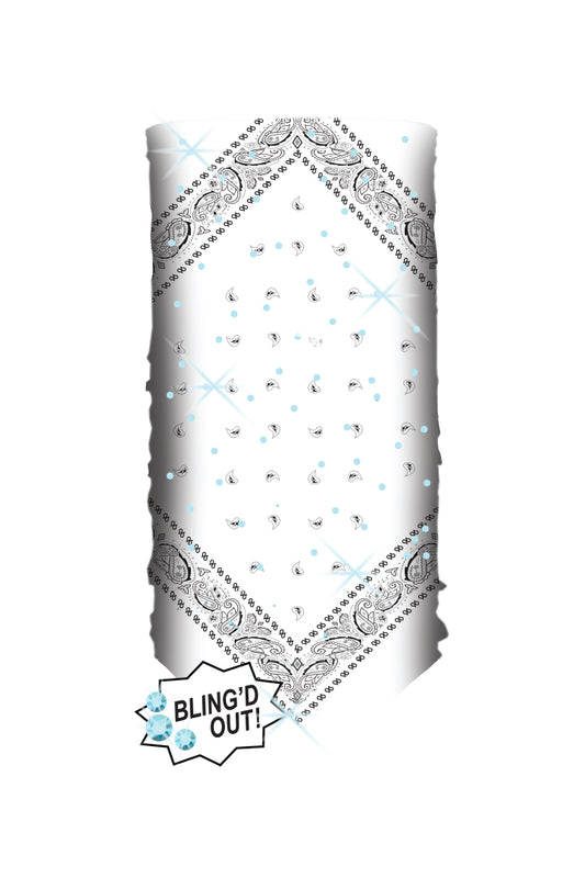 White Bandana w/Teal Gems Bandana Tube
