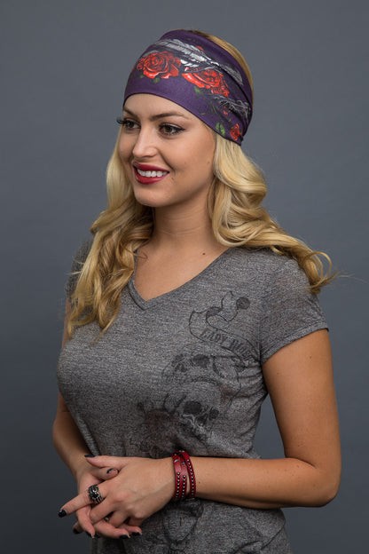 Purple - Headband - Roses Feathers Foil EZ Bandz - 1