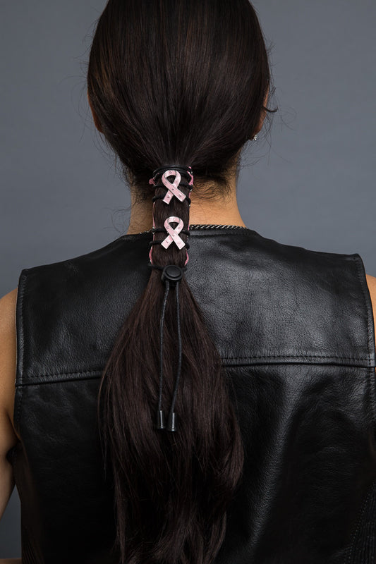 Pink / 4 inch - Ponytail Holder - Pink Ribbon Laced-up Stone Hair Glove - 5