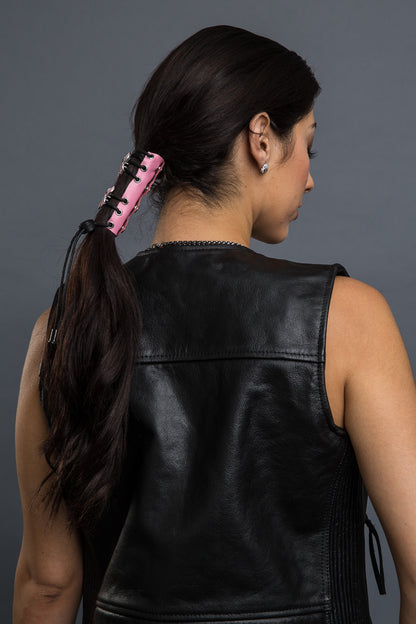  - Ponytail Holder - Pink Ribbon Laced-up Stone Hair Glove - 6
