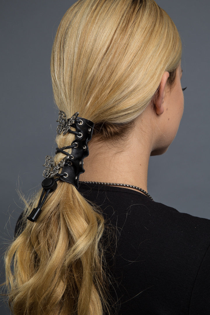 Black / 4 inch - Ponytail Holder - Chrome Tribal Butterfly Laced-up Hair Glove - 1