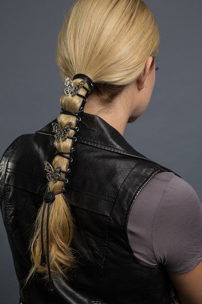 Black / 8 inch - Ponytail Holder - Chrome Tribal Butterfly Laced-up Hair Glove - 4