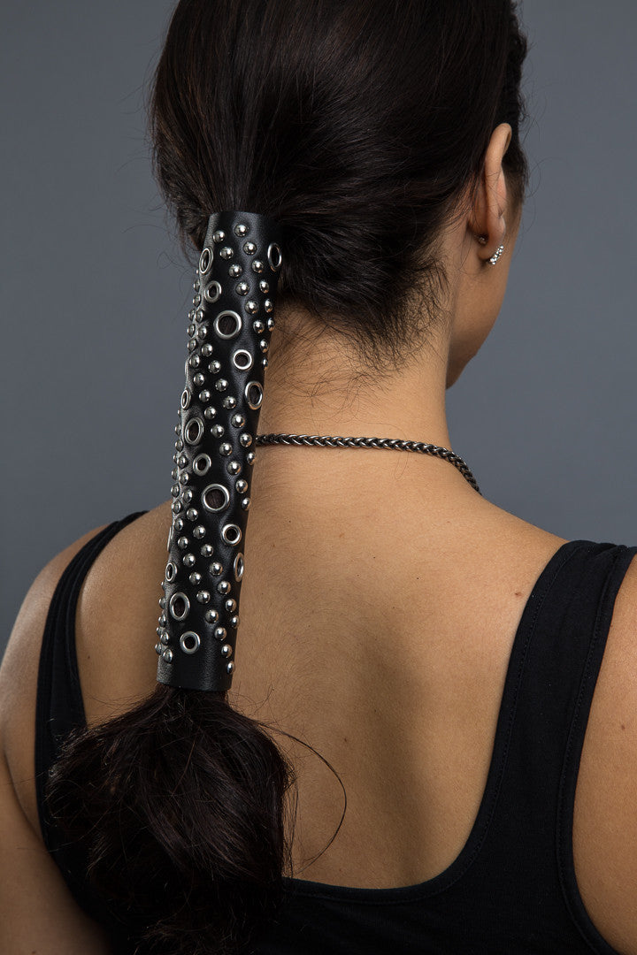 Black / 8 inch - Ponytail Holder - Eyelets & Rivets Hair Glove - 1