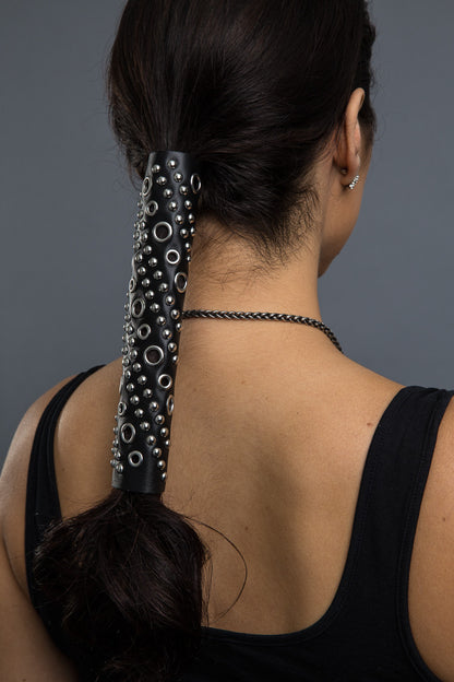 Black / 8 inch - Ponytail Holder - Eyelets & Rivets Hair Glove - 1