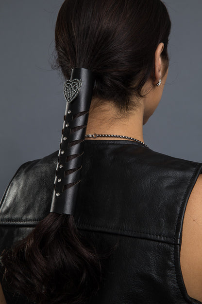 Black / 8 inch - Ponytail Holder - Tribal Hart Cut-out Stone Hair Glove - 1