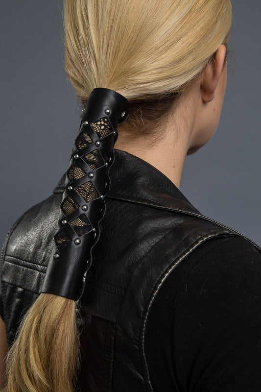 Black / 8 inch - Ponytail Holder - Lace & Rivet Cut-Out Hair Glove - 1